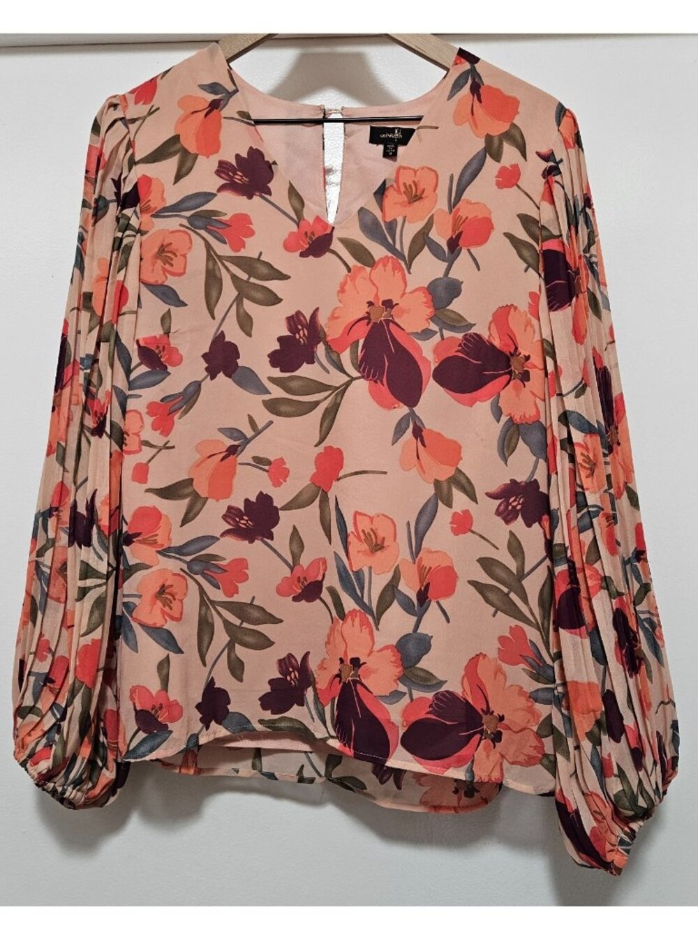 Medium Peach Blossom Printed Pleated Long pleated Sleeve Top peach magenta poppy - Picture 4 of 16